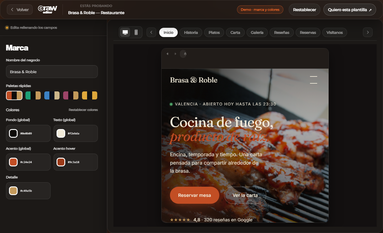 CRAW Editor con una plantilla cargada, editando marca y colores
